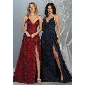 Navy Evening Long V-Neck Sleeveless A-Line Dress By Royal Queen RQ7738